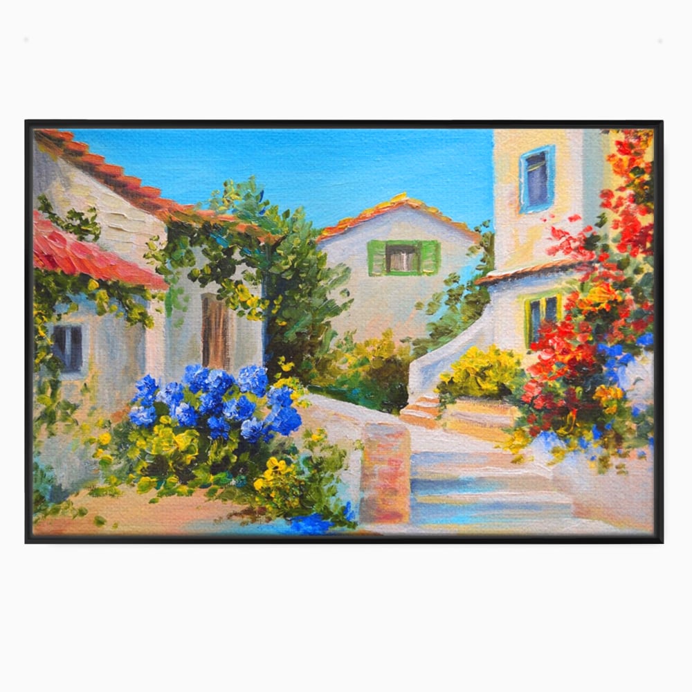 Tablou canvas cu pictura peisaj mediteranean cu case, in rama de aluminiu negru